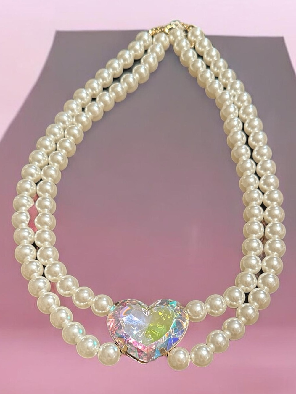 Pearl Double-Strand Necklace with Iridescent Heart Pendant - Cream
